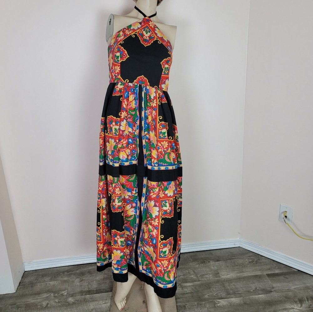 Vintage 70s Halter Top Maxi Dress Black Floral Size 6 Boho Psychedelic Hippy